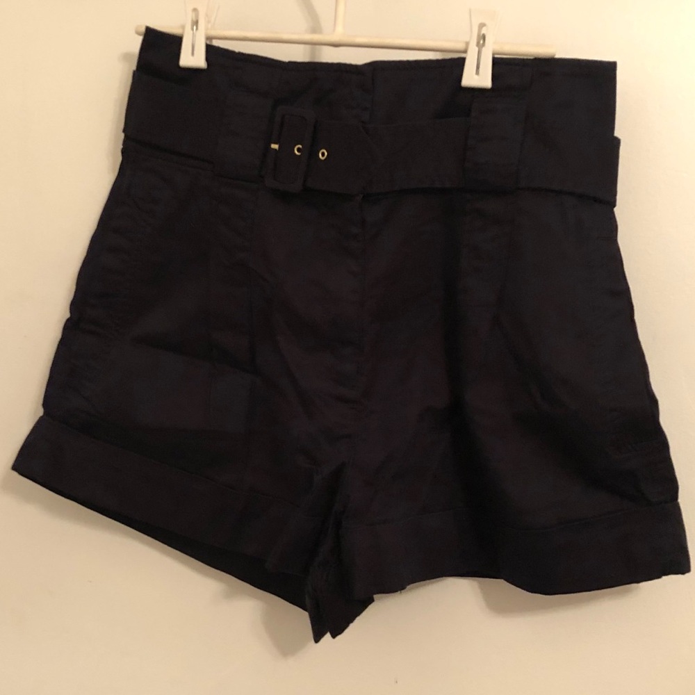 Dark Navy Belted High-Rise Waist Drape Bermuda
